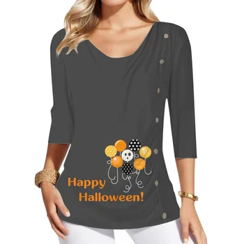 Женская футболка с воздушным шаром на Хэллоуин и буквенным принтом, футболка свободного кроя на пуговицах, повседневная футболка с круглым воротником и рукавом 3/4 для леди