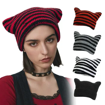 Милая шапка с кошачьими ушками, новая японская полосатая вязаная шапка, женские шапки, осенние и зимние теплые головные уборы ручной вязки из шерсти